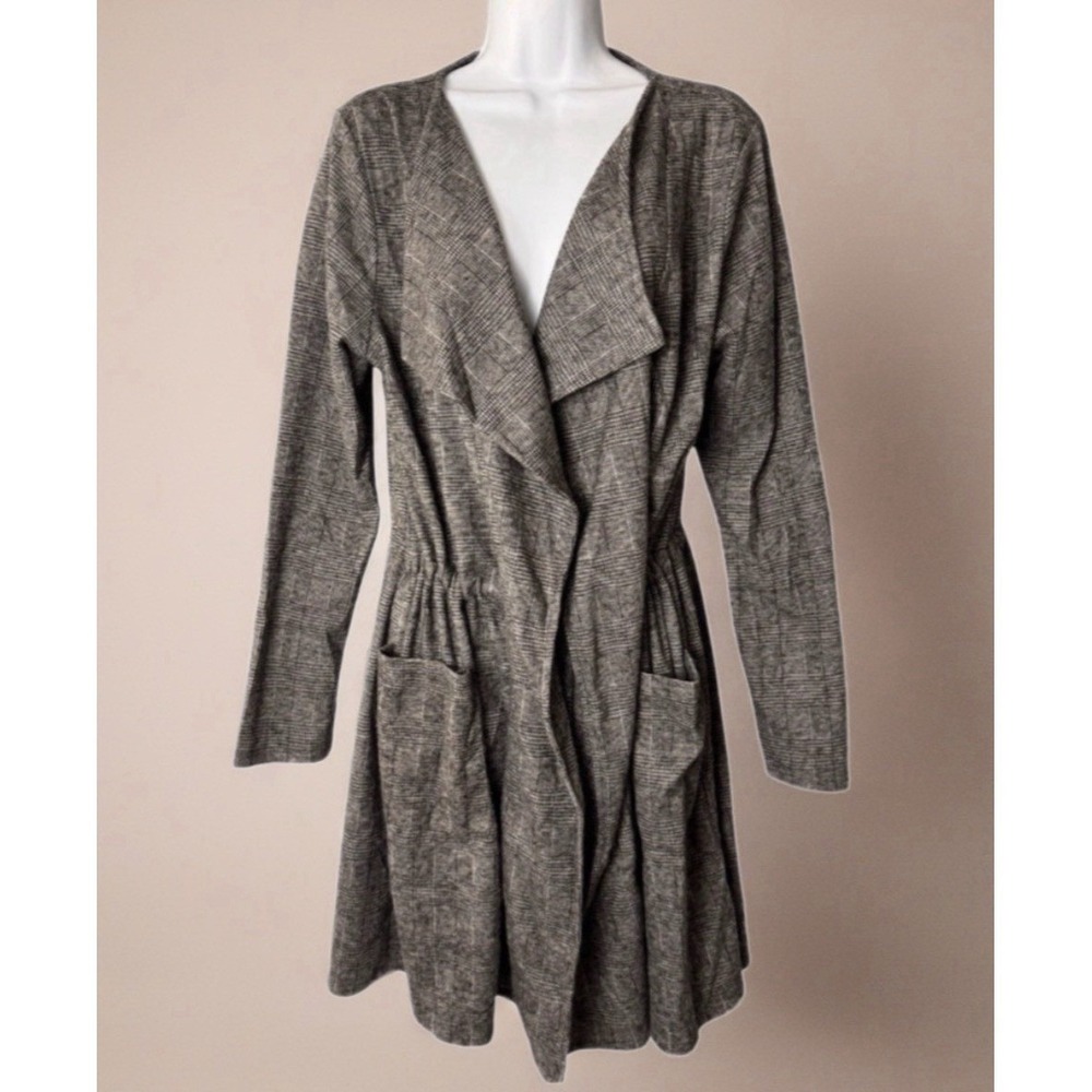 Ivoire Cardigan Women XL Gray Glen Plaid Open Front Drawstring Waist Longline